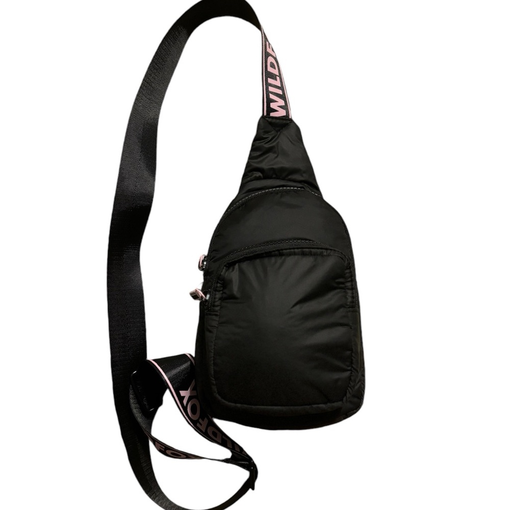 Wildfox Black Crossbody Sling Bag with Pink Logo Strap